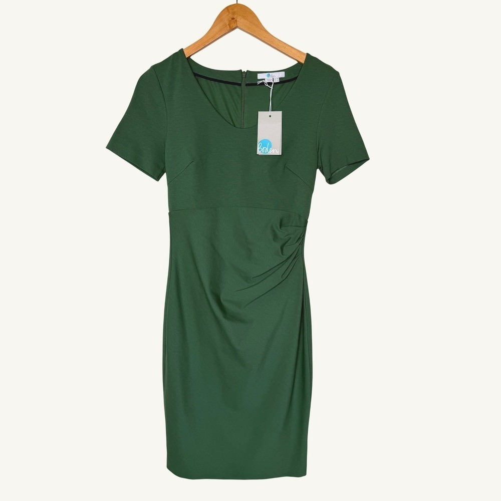 Boden Honor Ponte Dress NWT Size 4R Green Ruched Sheath Short Sleeve Midi Office